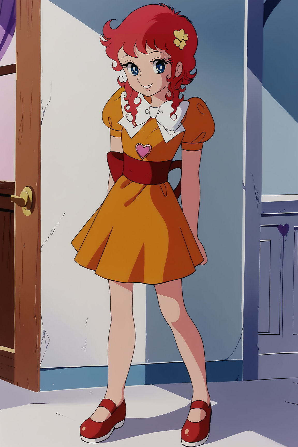 score_9, score_8_up, score_7_up, score_6_up, BREAK, KMeguMMXL, retro artstyle, blue eyes, red hair, short hair, hair ornamemnt, curly hair, flat chest, white bow, heart brooch, orange dress, short sleeves, puffy sleeves, red sash bow, orange skirt, red shoes, solo, full body, standing, seductive smile, looking at viewer, indoors <lora:KMeguMMXL:1>