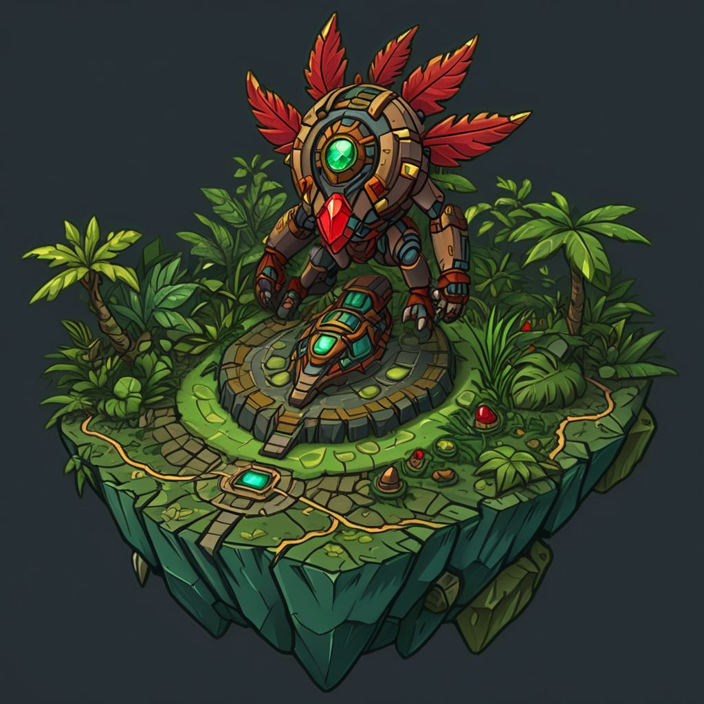 1 island, green to lime color,  jungle, many leafs,  lakes, swamp, (rocky stone ruins:0.8), overgrown wide, plain darkgray to gray background, mecha rusty parts, (((thick outlines:2.2))), (magic gemstone glowing red:1.2)