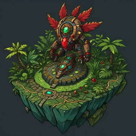 1 island, green to lime color,  jungle, many leafs,  lakes, swamp, (rocky stone ruins:0.8), overgrown wide, plain darkgray to gray background, mecha rusty parts, (((thick outlines:2.2))), (magic gemstone glowing red:1.2)