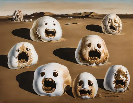 <lora:surr:0.7>surr, white blobs with different iterations of a ahegao face, abstract anatomy, shadows, desert with brown sand, building on the horizon, melted figures faces and people