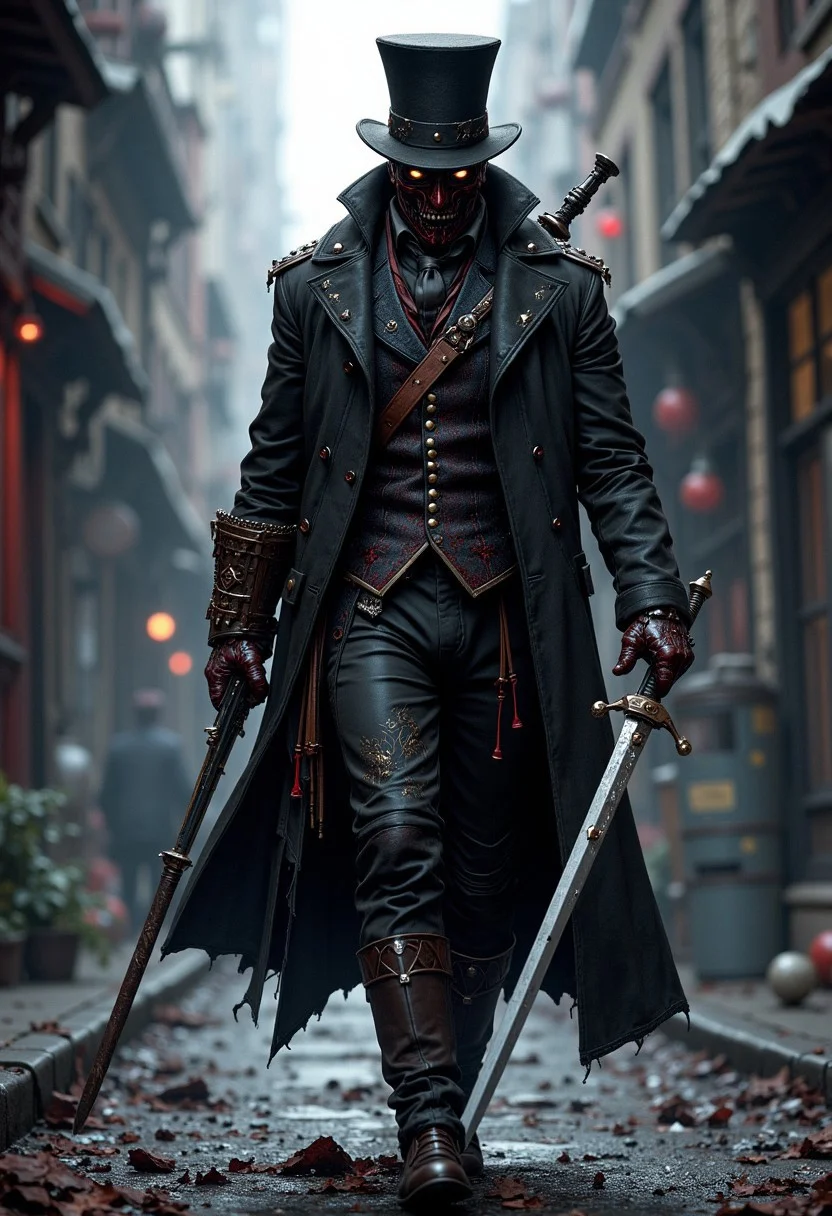 mythp0rt, bloodborne hunter, top hat, face mask, holding a sword and a gun, walking the dark streets, Victorian fantasy