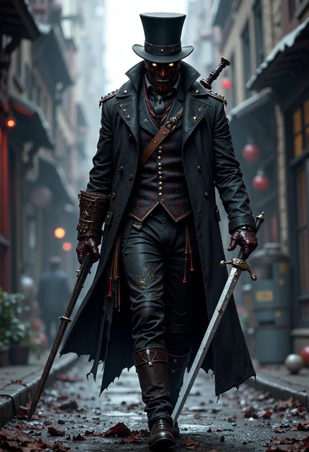mythp0rt, bloodborne hunter, top hat, face mask, holding a sword and a gun, walking the dark streets, Victorian fantasy