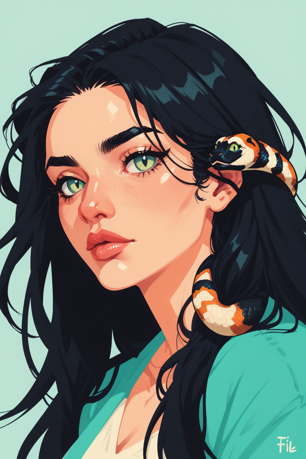 1girl, snake hair, solo, black hair, snake, , looking at viewer, upper body, green eyes, lips, blue eyes, nose, long hair, blurry, zPDXL3,  PnyCmicXLPOS, detailxl,  (lineless, vector art:1.5) ,
