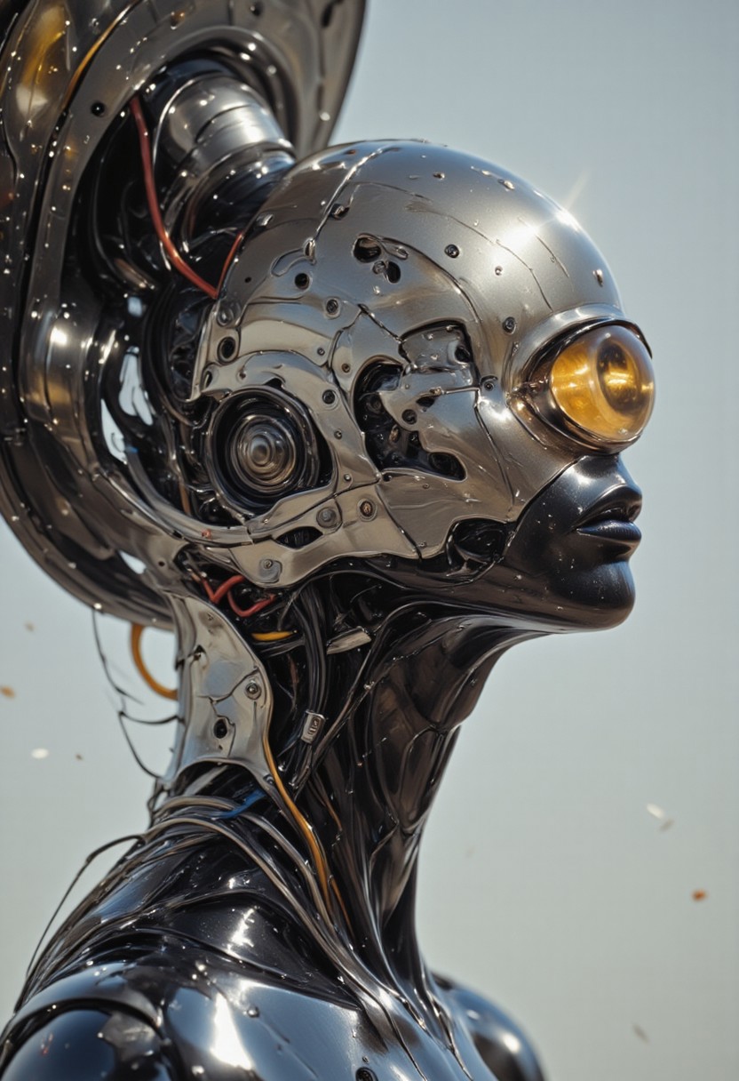 impressionist classical-style painting of a highly detailed, fantasy scene with a dramatic, robotic aesthetic. The central figure is a female robot. Her head and body are made of shiny and smooth metal with multi-colored, exposed wiring going down her neck creating an organic mosaic pattern. She is a biomechanical robot with Chrome Skinned and there are wires jacked into her face. Her cyclops eye is an intense silver color with light silver eyeshadow, and her lips are a rich, deep silver color. There is a missing panel on her cheek. A spot light focuses on her from above. She is bald and blending in with the white background. She is facing you and looking up into the sky intensely. The overall impression is one of dramatic beauty, with an almost otherworldly quality.  (((ultra-realistic style))), realistic soft lighting, dark, eye-catching, atmospheric lighting, natural, shallow depth of field, (highlights: 0.8), high detail (dynamic, cinematic shot, film grain, bokeh, depth of field,