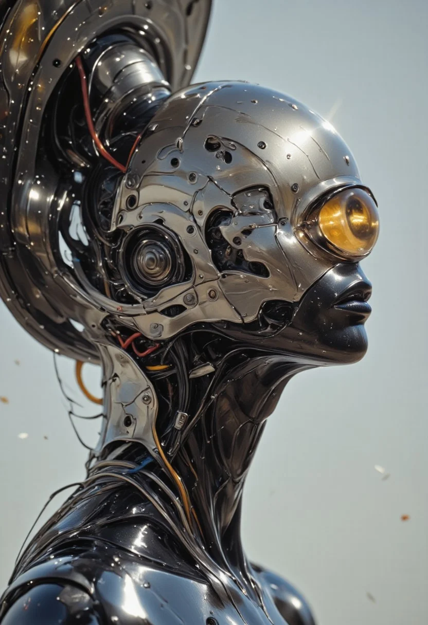 impressionist classical-style painting of a highly detailed, fantasy scene with a dramatic, robotic aesthetic. The central figure is a female robot. Her head and body are made of shiny and smooth metal with multi-colored, exposed wiring going down her neck creating an organic mosaic pattern. She is a biomechanical robot with Chrome Skinned and there are wires jacked into her face. Her cyclops eye is an intense silver color with light silver eyeshadow, and her lips are a rich, deep silver color. There is a missing panel on her cheek. A spot light focuses on her from above. She is bald and blending in with the white background. She is facing you and looking up into the sky intensely. The overall impression is one of dramatic beauty, with an almost otherworldly quality.  (((ultra-realistic style))), realistic soft lighting, dark, eye-catching, atmospheric lighting, natural, shallow depth of field, (highlights: 0.8), high detail (dynamic, cinematic shot, film grain, bokeh, depth of field,