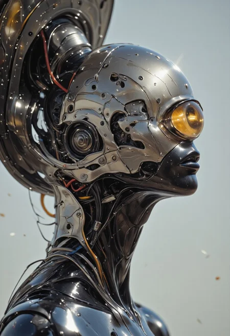 impressionist classical-style painting of a highly detailed, fantasy scene with a dramatic, robotic aesthetic. The central figure is a female robot. Her head and body are made of shiny and smooth metal with multi-colored, exposed wiring going down her neck creating an organic mosaic pattern. She is a biomechanical robot with Chrome Skinned and there are wires jacked into her face. Her cyclops eye is an intense silver color with light silver eyeshadow, and her lips are a rich, deep silver color. There is a missing panel on her cheek. A spot light focuses on her from above. She is bald and blending in with the white background. She is facing you and looking up into the sky intensely. The overall impression is one of dramatic beauty, with an almost otherworldly quality.  (((ultra-realistic style))), realistic soft lighting, dark, eye-catching, atmospheric lighting, natural, shallow depth of field, (highlights: 0.8), high detail (dynamic, cinematic shot, film grain, bokeh, depth of field,