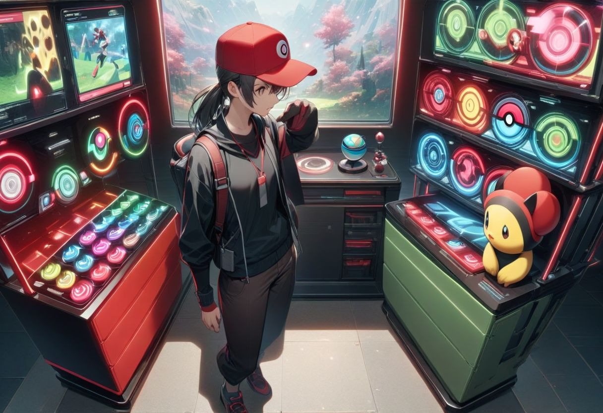best quality, high resolution, a display stand for a pokemon trainer with details of pokemon and pokeballs