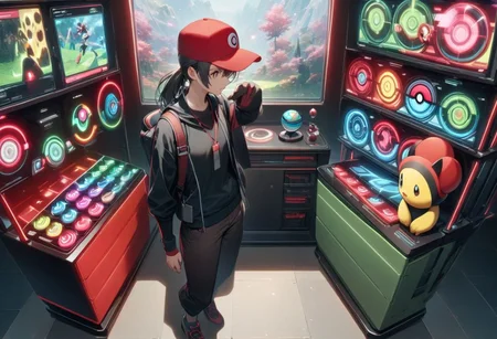best quality, high resolution, a display stand for a pokemon trainer with details of pokemon and pokeballs