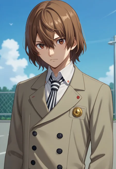 score_9, score_7_up, source_anime
goro, 1boy, male focus, solo, brown eyes, brown hair, hair between eyes, school uniform, shirt, white shirt, collared shirt, necktie, striped, striped necktie, jacket, grey jacket, buttons, long sleeves,
outdoor,