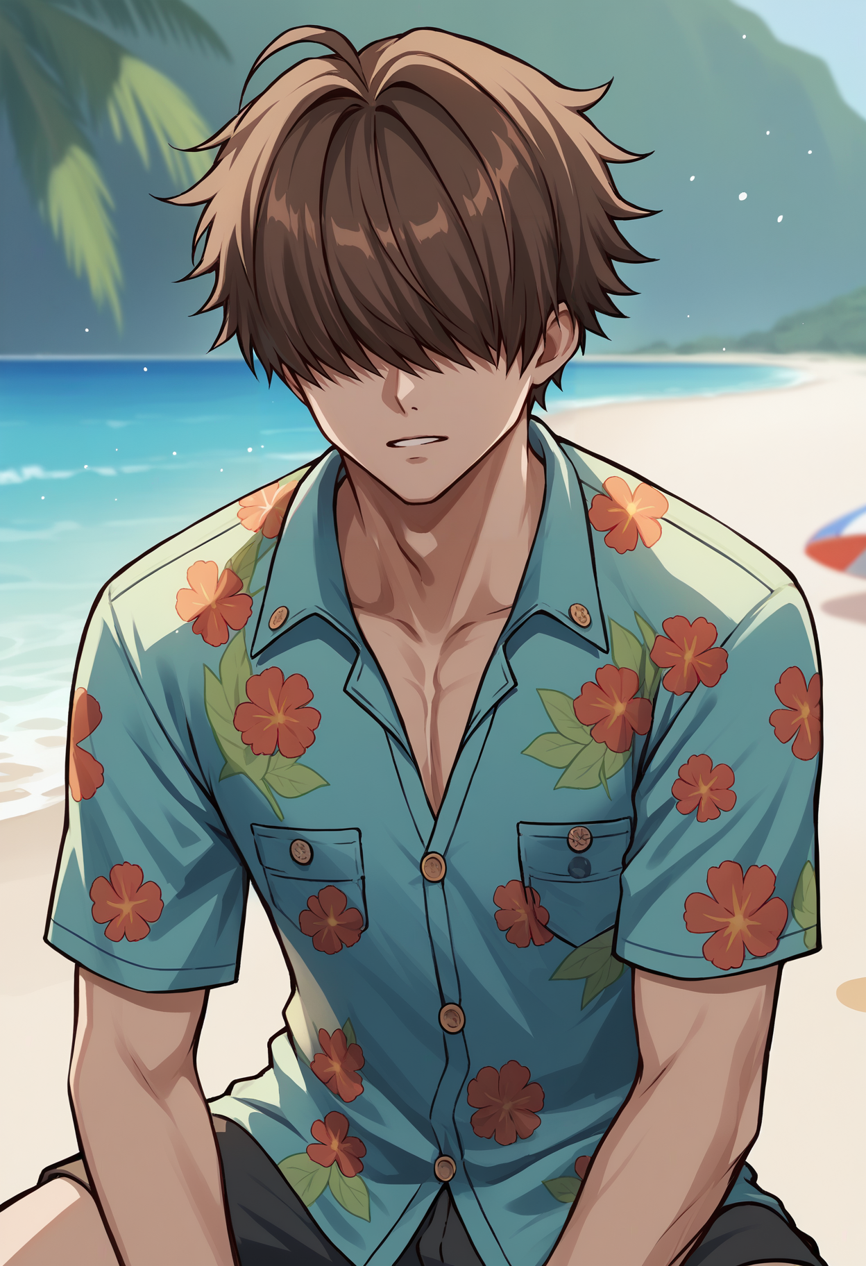 score_9, score_8_up, score_7_up, source_anime BREAK 1boy, solo, male focus, <lora:commander-nikke-richy-v1_pdxl:1> nikke-commander, hair over eyes, brown hair, short hair, hawaiian shirt, beach, outdoors