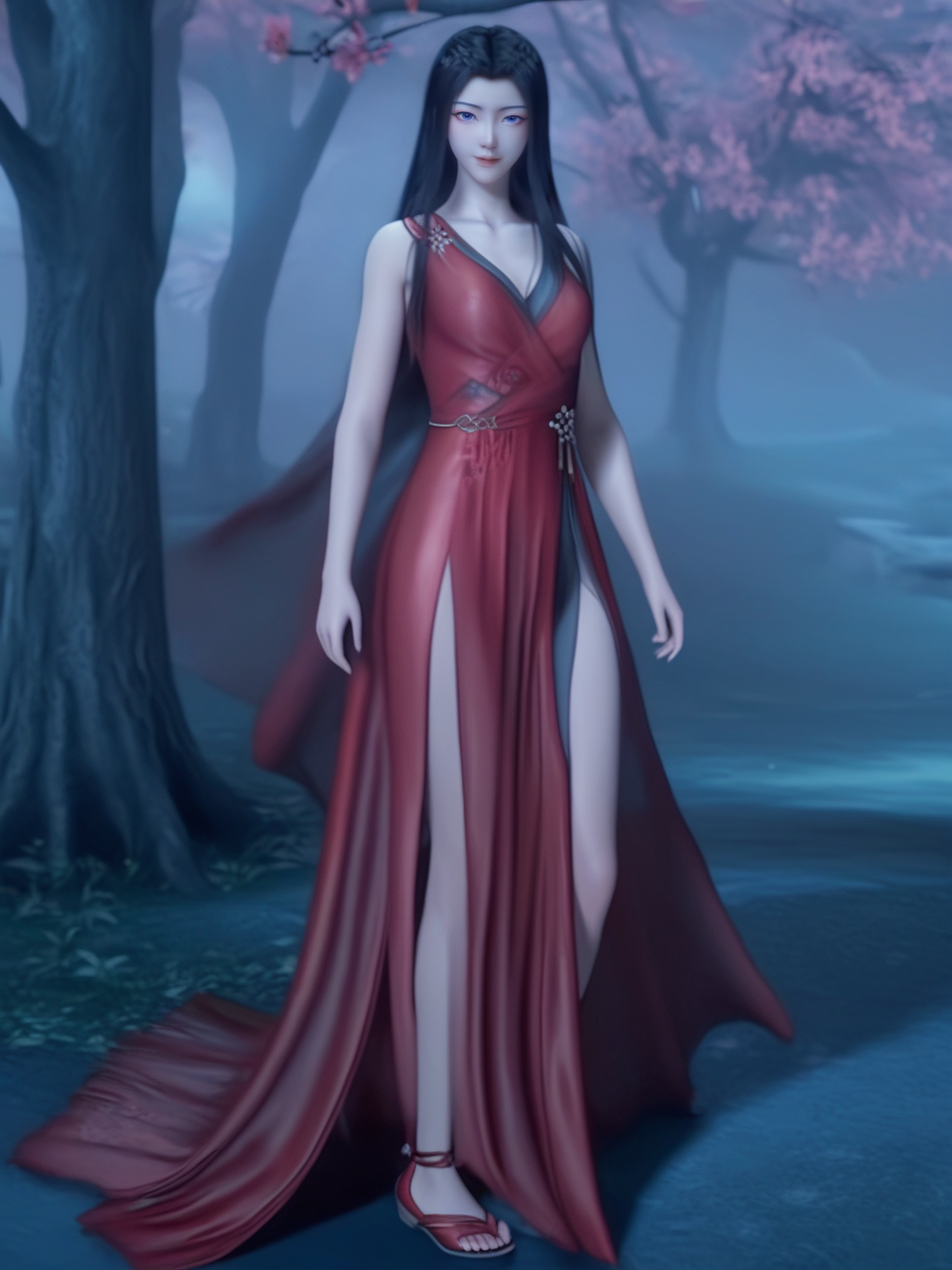 yuanyao,3d,<lora:ponyyuanyao2-000007:1>,full body,looking at viewer,Shawl long hair,red dress,Peach tree,