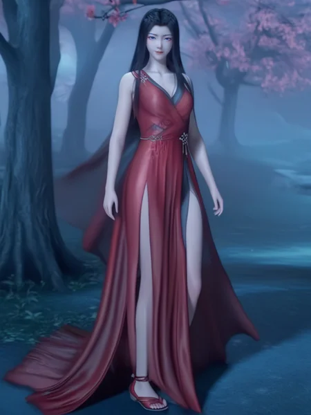 yuanyao,3d,<lora:ponyyuanyao2-000007:1>,full body,looking at viewer,Shawl long hair,red dress,Peach tree,
