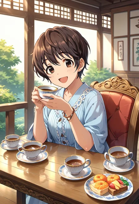 score_9, score_8_up, score_7_up, source_anime,oikawa shizuku, short hair, brown hair, brown eyes, 1girl, solo, food, smile, cup, chair, looking at viewer, teacup, open mouth, bracelet, sitting, table