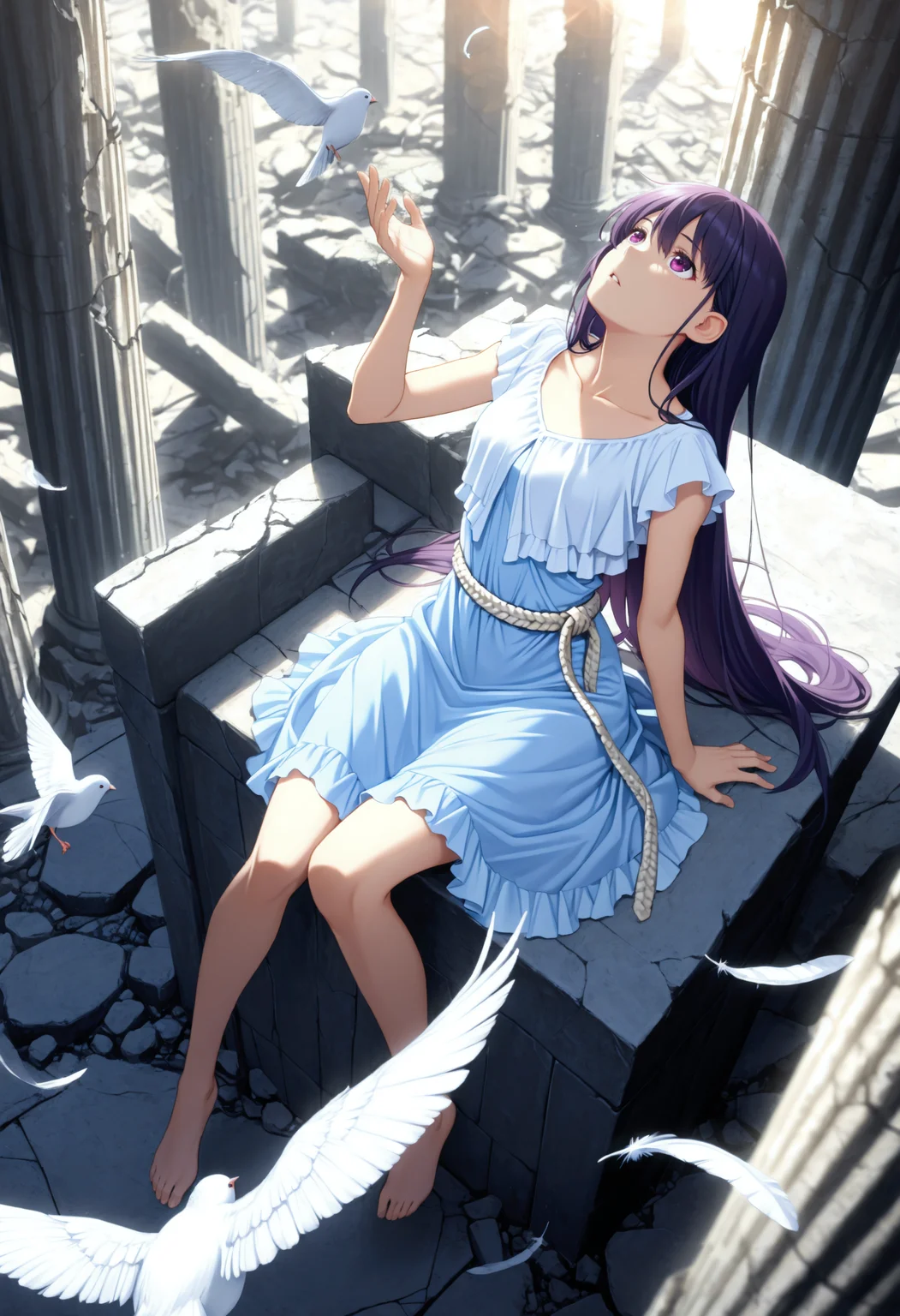 solo,  <lora:Char_SakakiYumikoV2:1>purple hair, long hair, purple eyes, hair behind ear,
collarbone, light blue dress, rope belt, white shirt, frilled shirt, cropped shirt, barefoot,
wide shot, parted lips, from above, bird eye's view, depth of field, ruins, stone pillars, sunlight, bokeh, leaning back, sitting, looking up, hand up, birds, flying, white feathers, masterpiece, best quality