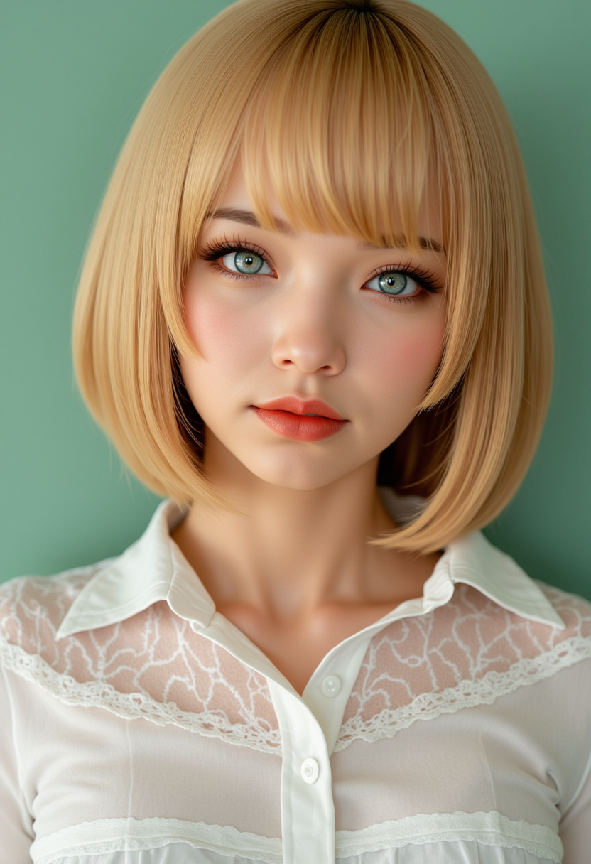 She is approximately 18 years old. Hyperrealism, she is looking at the camera, (dynamic angles), headshots of a beautiful, stunning unique female character. she has blonde hair. her eyes are filled with joy and excitement, extravagant eyelashes, a photo of a Samantha, she is wearing a white frilly shirt. The woman is posing confidently. simple sage green colored background. She has a slight smile on her face and is looking directly at the camera. making this image a masterpiece of photography and digital art. realistic. making this image a masterpiece of photography and digital art. Style: realistic hyper-detailed rendering, 32k UHD, expressive eyes, punk, graphic design, girl's face, pretty and cute, gleaming lips, telling a tale of adventure. Exuding confidence and serenity. The overall mood of the image is happy and relaxed,detailed skin texture,(blush:0.2),(goosebumps:0.3),subsurface scattering,whimsical,Detailed hand, Perfect hand. Perfection style.