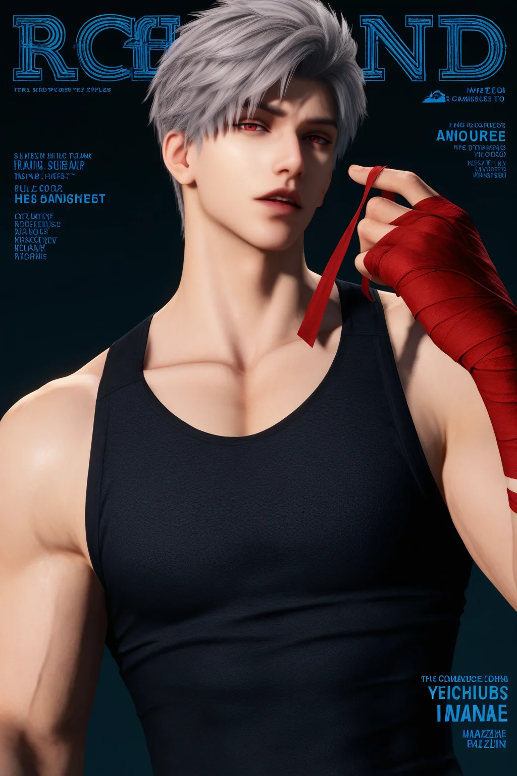 <lora:sylus-NAI:0.7>,sylus, red eyes, grey hair, realistic, tank top,parted lips,magazine cover,looking at viewer,bandaged hands,red bandage,adjust bandage, 1boy,solo,yaoi,bara,male focus,very awa,masterpiece,best quality,amazing quality,nsfw,uncersored,highres,best quality,amazing quality,best aesthetic,absurdres,