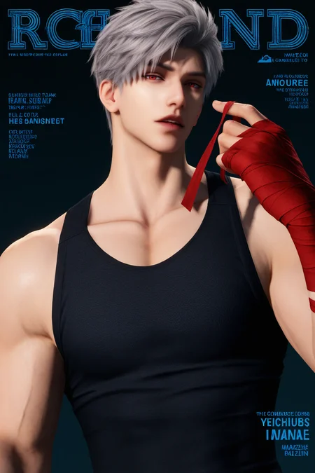 <lora:sylus-NAI:0.7>,sylus, red eyes, grey hair, realistic, tank top,parted lips,magazine cover,looking at viewer,bandaged hands,red bandage,adjust bandage, 1boy,solo,yaoi,bara,male focus,very awa,masterpiece,best quality,amazing quality,nsfw,uncersored,highres,best quality,amazing quality,best aesthetic,absurdres,