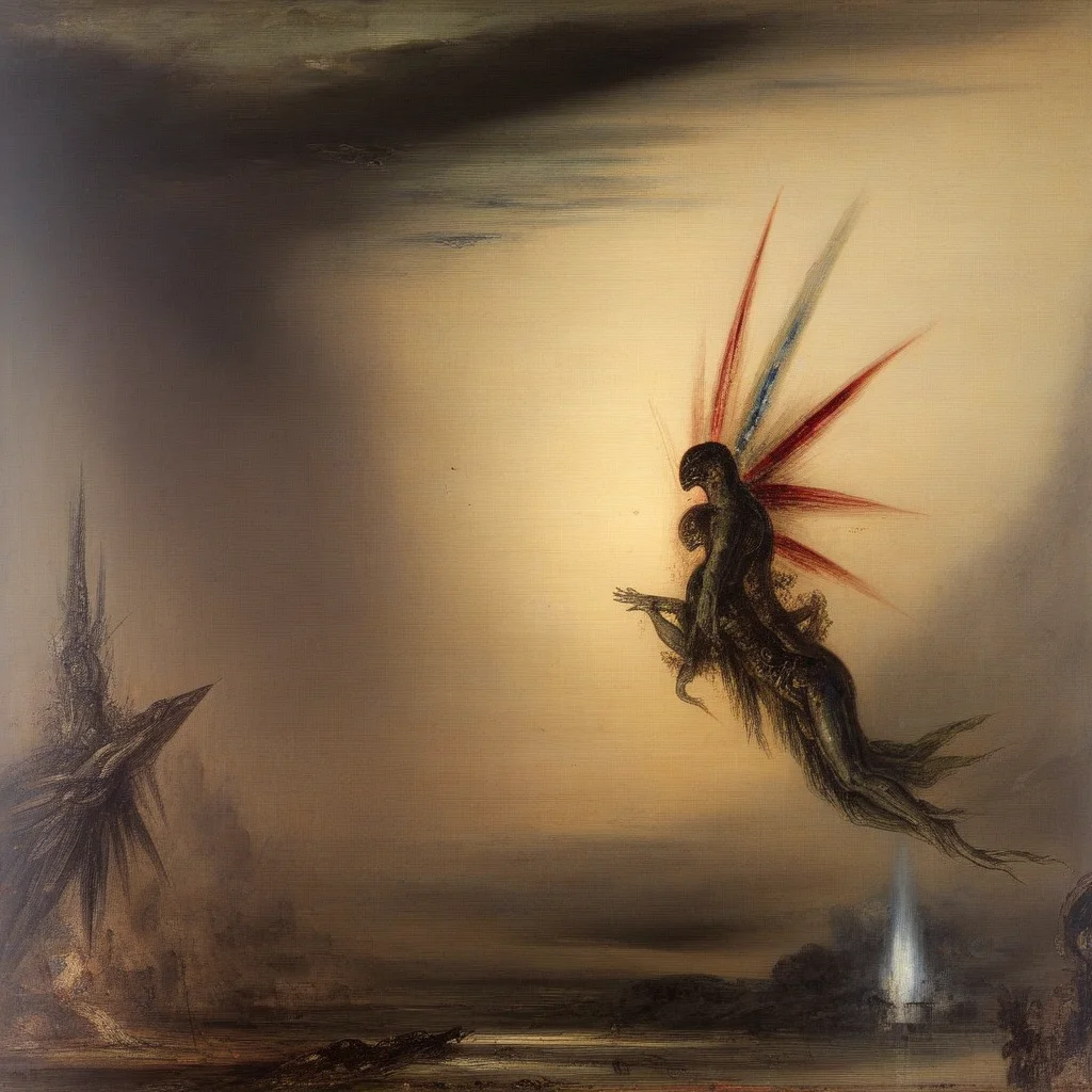 alien invasion, epic, dramatic, battle, horror, by gustave moreau, painting, symbolism, classic art
