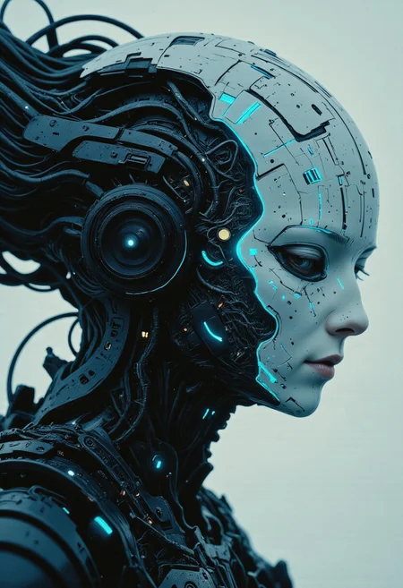 A hyper-realistic, unsettling close-up portrait fusing two enigmatic figures into a single, otherworldly being. The spectral, all-knowing cyborg emerges with a smooth, glowing surface of advanced technology, its face featureless yet alive with intricate digital patterns. Electric blue lines pulse across its surface, shifting and morphing like a living neural network, suggesting an existence within a vast interconnected web. Hollow eyes radiate an eerie, ethereal quality, as if seeing beyond the physical realm, and glowing circuits blend seamlessly into its surroundings, a deep gradient from white to pale blue filled with subtle digital glitches hinting at higher intelligence.
From the shadows of this cybernetic form, the rugged presence of a slightly muscular woman emerges as a faint duality. Her unkempt hair falls like strands of static across the glowing face, revealing one piercing eye that gleams with intensity. A sly, mischievous grin hints at a dangerous charisma, contrasting with the pastel-colored T-shirt and oversized vintage black headphones resting heavily against the figure’s sleek, technological frame. The pale monitor glow casts an eerie light over both organic and digital textures, blending the rugged and the spectral into a single captivating, otherworldly presence. The result is an unnerving harmony of man and machine, a haunting observer that feels alive yet unreachably distant.