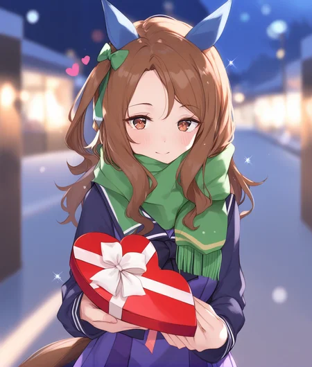 score_9, score_8_up, score_7_up BREAK
tracen_uniform, 1girl, solo, long hair, looking at viewer, blush, skirt, brown hair, shirt, long sleeves, bow, holding, animal ears, brown eyes, school uniform, outdoors, scarf, blurry, sparkle, blurry background, horse ears, white bow, horse girl, box, horse tail, gift, purple skirt, valentine, gift box, tracen school uniform, holding gift, ear covers, heart-shaped box, green scarf,
<lora:King Halo-ponyXL:1>,