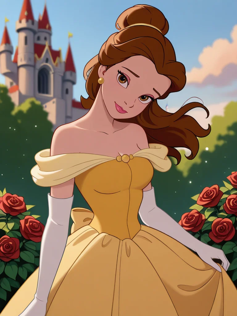 (official style:1.1), screencap, blurry background
1girl, medium breasts, (BelleXL:1.1), bow, brown hair, brown eyes, yellow dress, off-shoulder dress, white shirt, long dress, elbow gloves, jewelry, ponytail, single hair bun, lipstick, floating hair, makeup,
light smile, dutch angle, naughty pose, happy, , looking at viewer, princess castle, garden, flowers around, clouds, sky, daylight, portrait, dynamic pose, cowboy shot, (one hand holding red rose:1.1), one hand dress lift, head tilt, light particles,
<lora:Belle-IL:1>