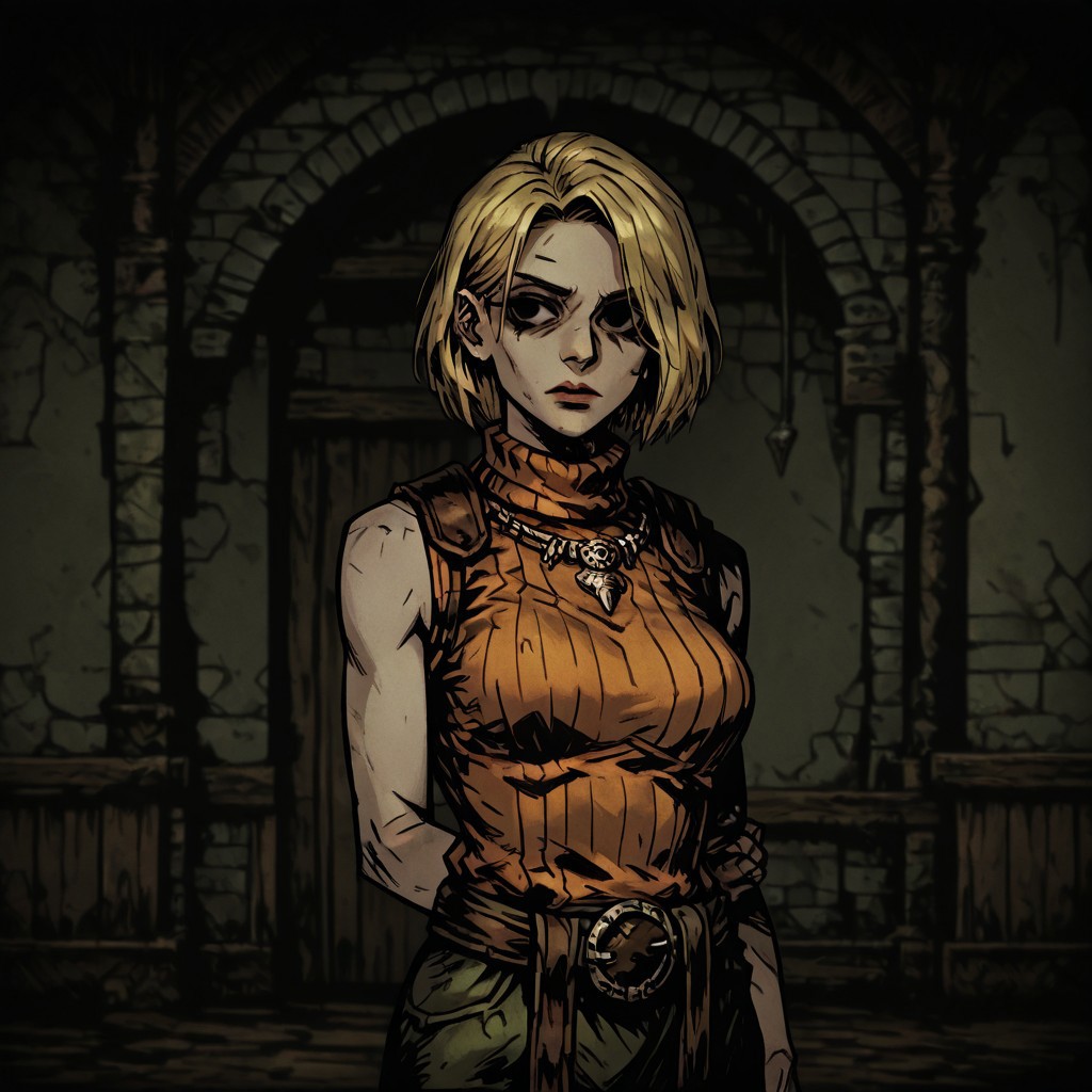 masterpiece, best quality, newest, absurdres, highres,  
DDWarrens-BGV1.0, dark, scenery, indoors, 
DDstyle, official style,
black eyes, shaded eyes,
1girl, ashley graham \(resident evil\), blonde, orange shirt, blonde hair, orange sweater, sleeveless, sleeveless sweater, sleeveless tutrleneck, turtleneck, short hair, curtained hair,