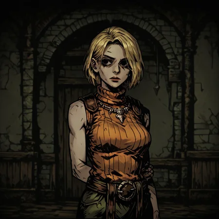 masterpiece, best quality, newest, absurdres, highres,
DDWarrens-BGV1.0, dark, scenery, indoors,
DDstyle, official style,
black eyes, shaded eyes,
1girl, ashley graham \(resident evil\), blonde, orange shirt, blonde hair, orange sweater, sleeveless, sleeveless sweater, sleeveless tutrleneck, turtleneck, short hair, curtained hair,