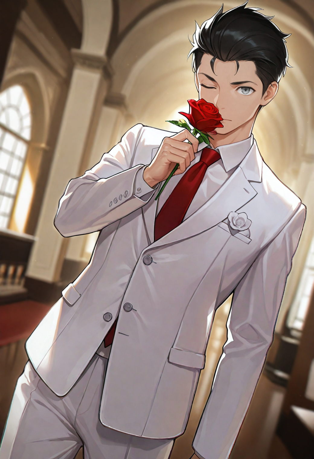masterpiece,best quality,
1boy,male focus,
<lora:iwaizumi_shou_NAI_EPS_1_1_CAME_v1_rev2:1>,1wa1zum1_sh0u,black hair,grey eyes,
looking at viewer,one eye closed,holding flower,red rose,white suit,red tie,cowboy shot,indoors,
dutch angle,atmospheric perspective,depth of field,âââ,ââblurry background,âââ