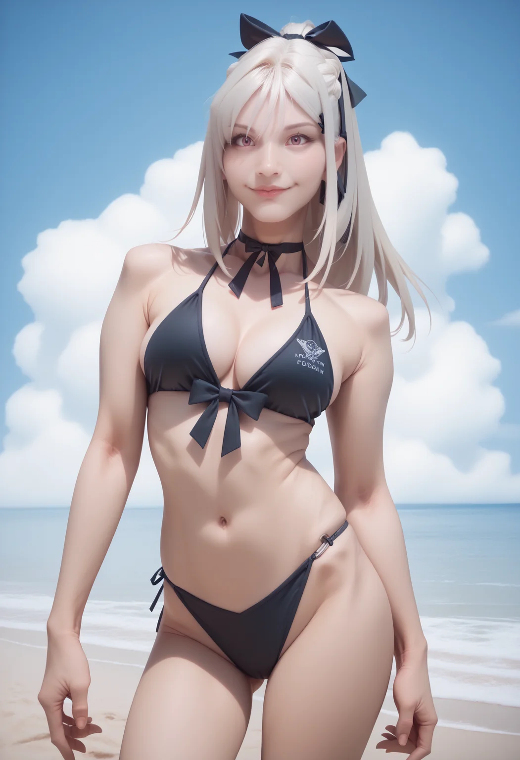 score_9, score_8_up, score_7_up, 1girl, RythZeroPony, cowboy shot, medium breasts, black bikini top, denim pant, hair ribbon, bow chocker, looking at viewer, pinkish lips, sexy, standing, beach, blue sky, sunny, clouds, smiling, <lora:ZeroDrakengardPony-103:1>,
