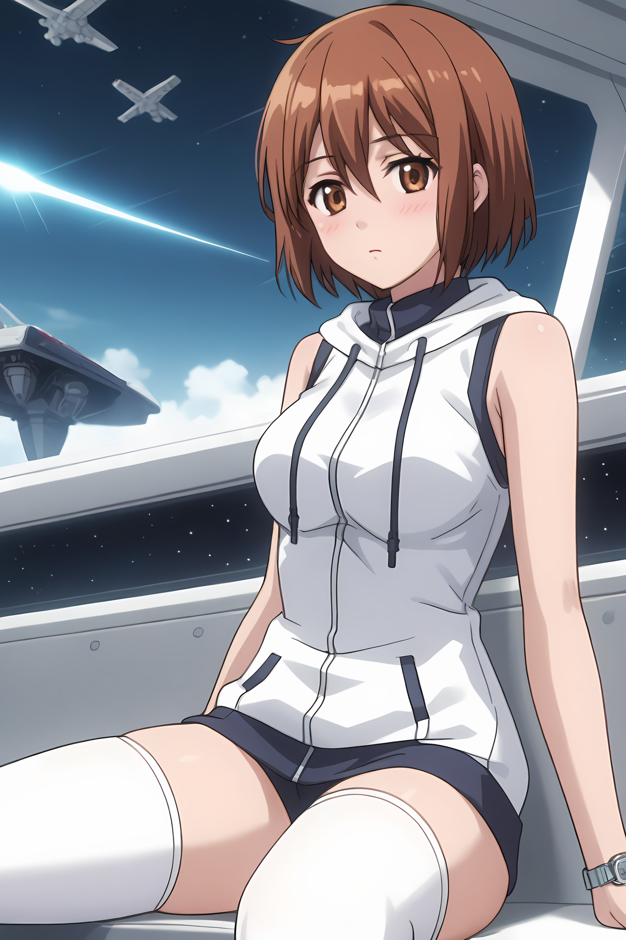 (white hoodie sleeveless thighhighs:1.50), cpc-manami, short hair, brown hair, hair between eyes, brown eyes, wristwatch, 
medium breasts,
1girl, solo, skinny, (source_anime, score_9, score_8_up, score_8, score_7_up), score_7, score_6_up, score_6, score_5_up, score_5, 
(blush:1.10),
(spacecraft:1.30),
(straight-on:1.20), (:1.20),
<lora:cpc-manami-V04-000004:0.70>