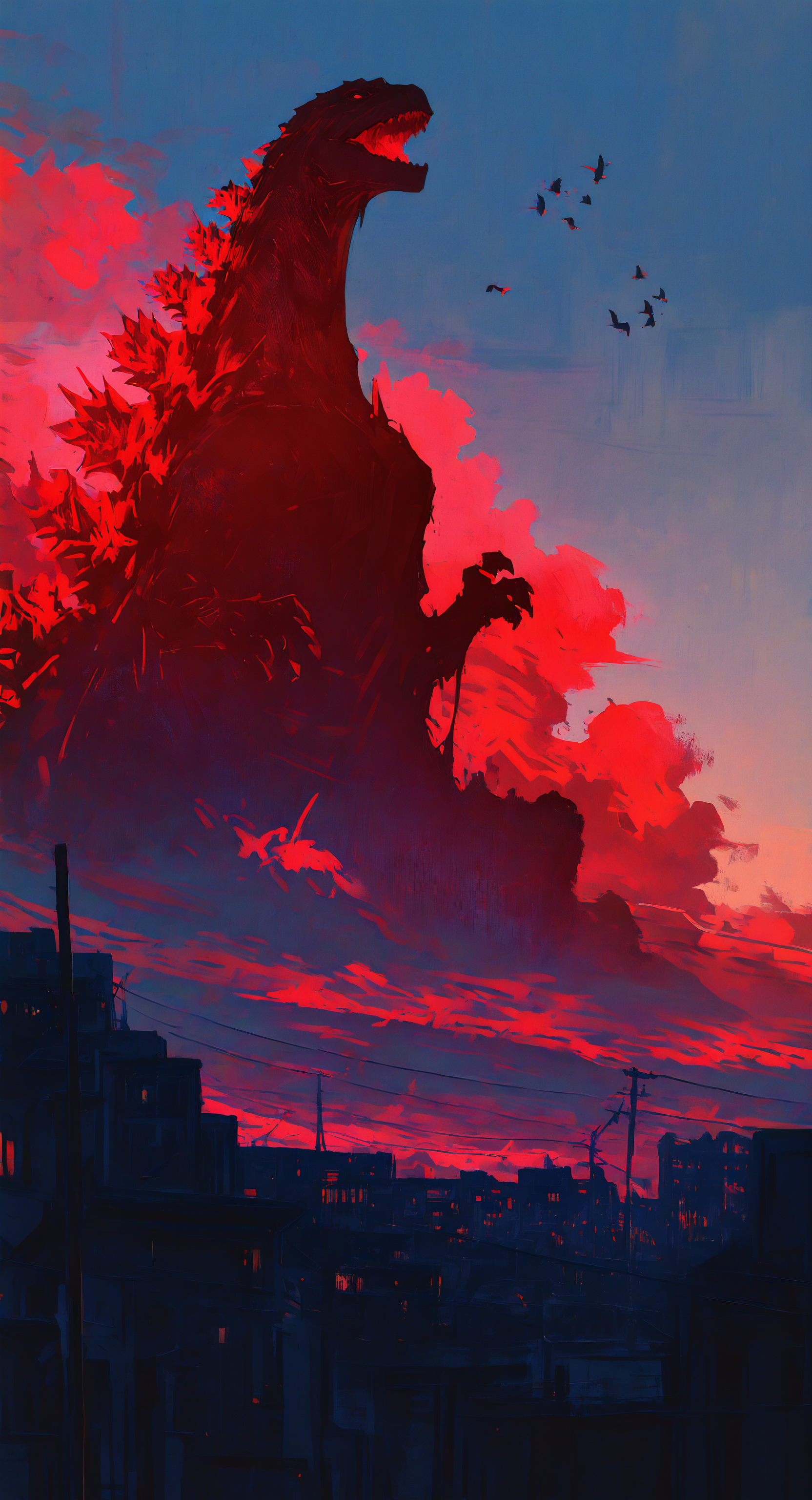 masterpiece, best quality, good quality, very aesthetic, absurdres, newest, outdoors, (utility_pole:1.2), power_lines, sky, cloud, blue_sky, no_humans, bird, cloudy_sky, building, scenery, red sunset, city, cityscape, evening,wind, High contrast,Wide Shot, Godzilla's roaring cloud <lora:ponyv5_noobV065S_1_adamW-000013:0.7> <lora:USNR_STYLE_XL_lokr:0.45> <lora:745cmSDXLvpred75S:0.45> <lora:96YOTTEA-WAI:0.7>
