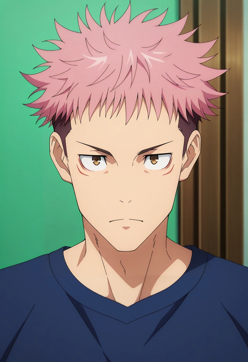 masterpiece, best quality, intricate details, anime screencap, , official style, , 1boy, solo, male focus, <lora:yuuji_itadori_ilxl:0.96>, yuuji_itadori, pink hair, brown eyes, short hair, undercut, spiked hair, , ,