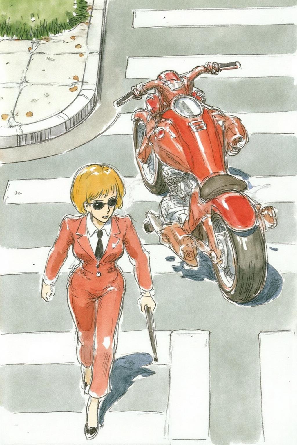 hayaomiyazaki2 illustration.
Overhead shot of an Blonde woman walking away from a futuristic motorcycle parked at a zebra crossing. The woman has bob hair, is smoking. She wear a red business suit, white shirt, black tie, and sunglasses. She holds a gun with a confident grip. The motorcycle itself is red, sleek and metallic, with intricate designs and a futuristic vibe  <lora:hayaomiyazaki2_cap_d8a4:1.0><lora:861015159630505853:0>