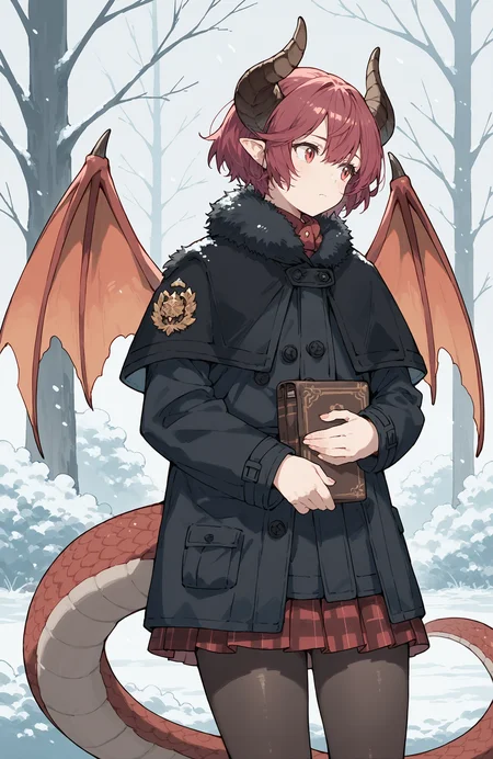 score_9, score_8_up, score_7_up, score_6_up, source_anime, grea, dragon tail BREAK shot hair, black capelet, black coat, (red plaid skirt, pleated skirt:0.9), black pantyhose, winter, hugging book, looking afar, cowboy shot, <lora:Grea_v3_rank8:1>