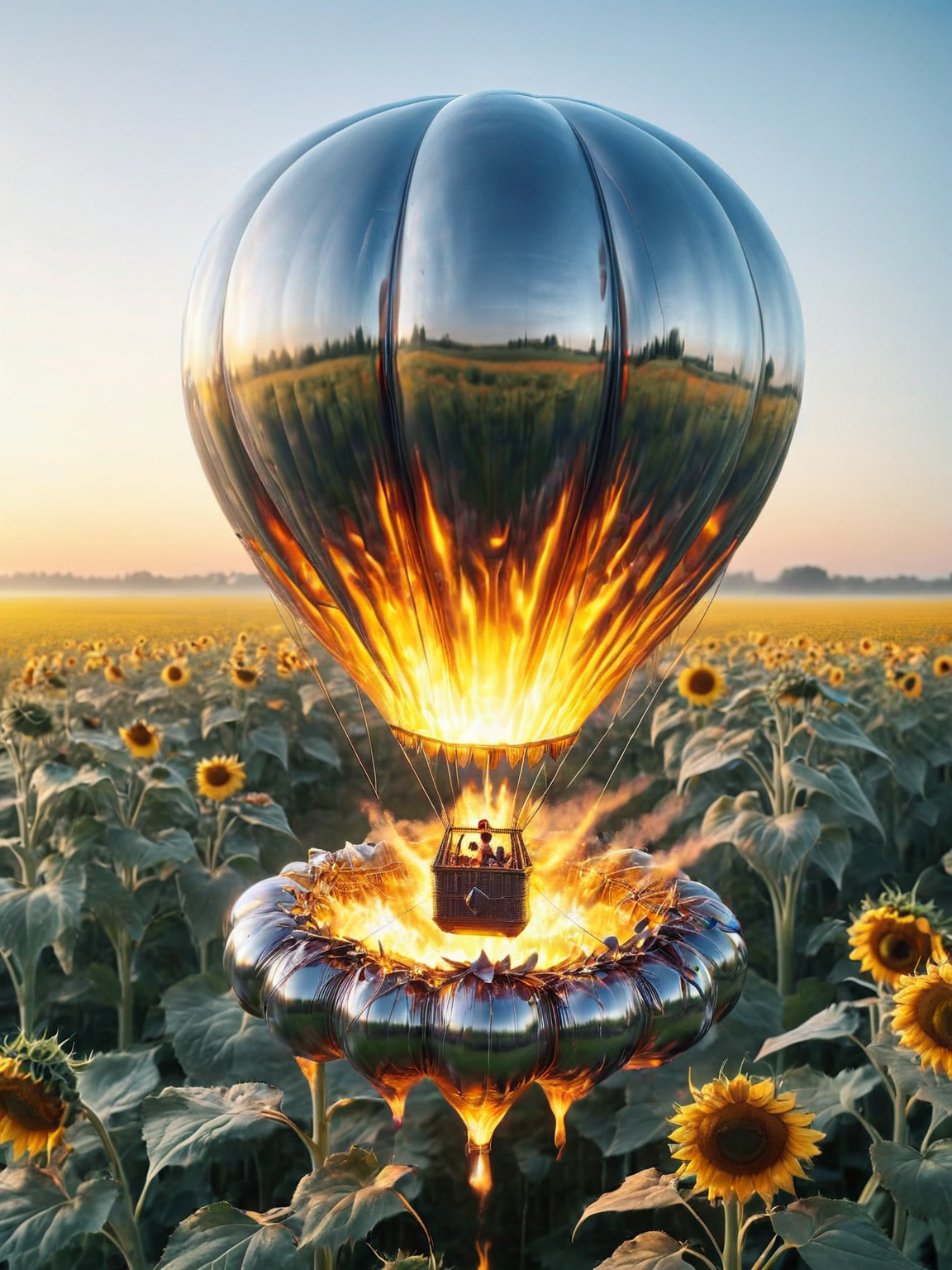 ais-moltenz hot air balloon floating above a field of sunflowers <lora:Molten_Metal_SDXL:1>