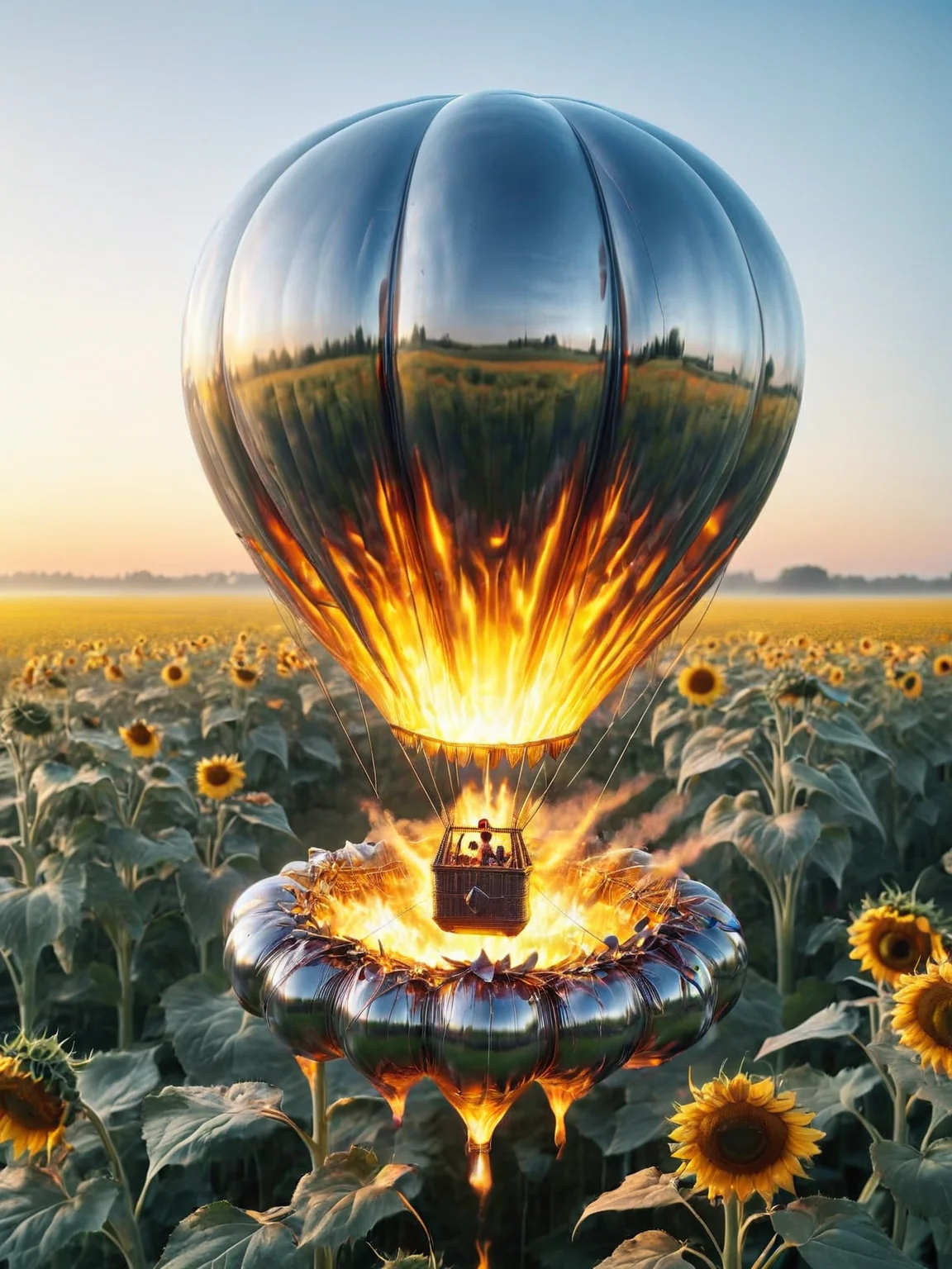 ais-moltenz hot air balloon floating above a field of sunflowers <lora:Molten_Metal_SDXL:1>