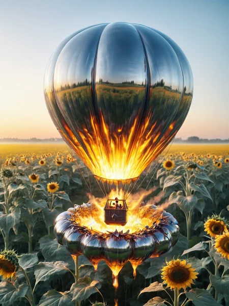 ais-moltenz hot air balloon floating above a field of sunflowers <lora:Molten_Metal_SDXL:1>