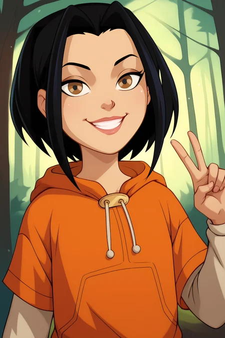 score_9, score_8_up, score_7_up, score_6_up, BREAK, JadeJCAPXL, colored skin, dark-skinned female, brown eyes, black hair, short hair, flat chest, hood down, orange hoodie, short over long sleeves, blue pants, solo, front view, (portrait, upper body), (peace sign), solo focus, seductive smile, looking at viewer, forest, tree <lora:JadeJCAPXL:1>