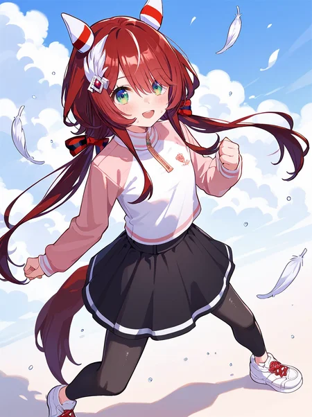 score_9, score_8_up, score_7_up, rating_safe, masterpiece, best quality, absurdres, unity 8k wallpaper, official art, official style, source_anime, 
win variation \(umamusume\), 1girl, horse ears, full body, horse tail, looking at viewer, clenched hands, black leggings, casual, white line black skirt, white sneakers, blush, two-tone ear covers, white background, feather hair ornament, raglan sleeves, long sleeves, two-tone long t-shirt, red hair ribbon
dancing, floating hair, sweat, open mouth, smile, looking at viewer, sky,sweat,cowboy shot, 
<lora:pony_win_variation_v1.01:0.85>