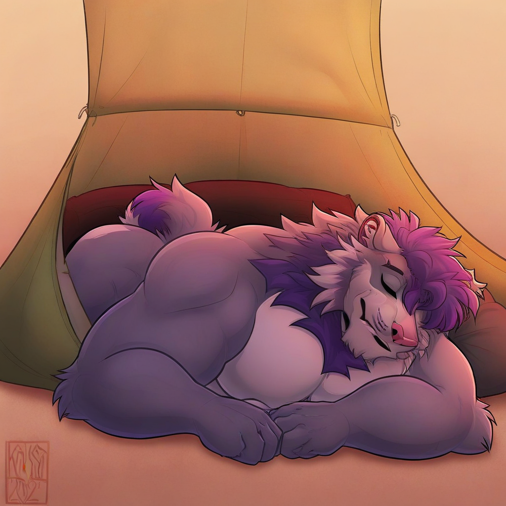Kaysa artstyle, bara, furry, sleeping, in a tent