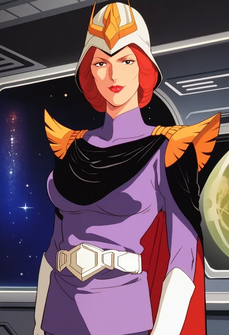 score_9, score_8_up, score_7_up, score_6_up, anime screencap, anime coloring, <lora:FGKycilia:0.9>, FGKycilia, 1girl, solo, red hair, helmet, no ears, black eyes, lipstick, breasts, 
military uniform, belt, cape, white gloves,
looking at viewer, seductive smile, standing, upper body, 
BREAK spacecraft interior, window, space,
