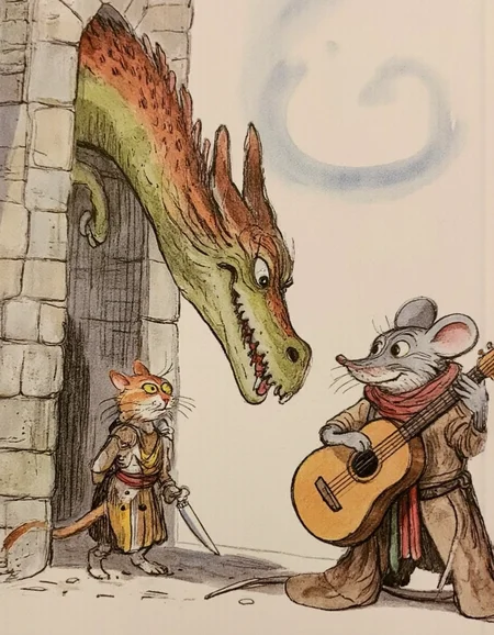 <lora:suteev:1>, <lora:chzcat:0.4>, This image is a detailed digital drawing in a whimsical, cartoon style. The scene depicts a medieval fantasy setting, featuring a large, majestic dragon and two anthropomorphic characters. The dragon is a fierce, red-and-green creature with large, sharp teeth, a long snout, and menacing eyes. It stands tall, with a muscular, scaly body, and is positioned slightly to the left of the image, occupying most of the background.,
In the foreground, to the right, stands a gray mouse dressed in medieval attire, complete with a red scarf and a brown, leather-like tunic. The mouse is holding an acoustic guitar, strumming it with one paw while the other rests on its hip. The mouse has a friendly, confident expression, and its eyes are wide and expressive.,
In the center of the image, a small, orange and white cat dressed in medieval armor stands on two legs, looking up at the dragon with a curious, slightly fearful expression. The cat is wearing a brown, metal breastplate and a red sash around its waist. It has a small, pointed sword at its side.,
The background features a stone archway with a clear blue sky and fluffy clouds above, suggesting an outdoor location. The overall mood is light-hearted and humorous