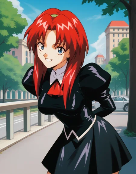 score_9,  score_8_up, score_7_up
<lora:maypia-alexymetalia-ponyxl-000050:1> m4yp1a, red hair, black uniform, black skirt, juliet sleeves, red ascot,
arms behind back, leaning forward, smile, happy, blue sky, tree, city, upper body, looking at viewer