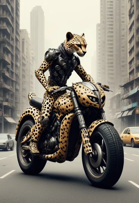 [cheetah in the shape of a motorbike | motorbike stylized as a cheetah, in the style of  Dan Hillier], dystopian city
<lora:TransformersStyleXL-000009:0.8> TransformersStyle