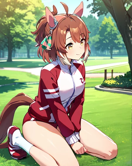 1girl,
dantsu_flame\(umamusume\),horse ears, buruma, horse tail, track jacket, tracen training uniform, full body, red sneaker, smile, red buruma,  ahoge, white socks, short ponytail, uncle socks, long sleeves, red jacket,park, sky, tree, grass field,masterpiece, best quality, 
 <lora:SDXL_dantsu_flame_v1.25:0.6>