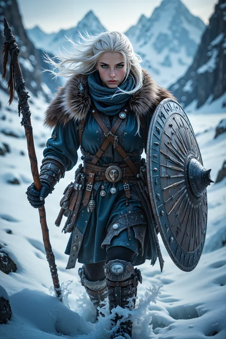 A hyper-realistic portrait, photorealistic photo close-up image of In the frozen tundra of the northern wastes, a pale-skinned woman with platinum hair, wrapped in thick furs, trudges through waist-deep snow, her breath fogging in the bitterly cold air. Her blue eyes, sharp and fierce, scan the horizon, where towering mountains rise against a sky darkening with an approaching blizzard. Despite the biting wind that cuts through her clothing, her expression remains one of cold determination, her body moving with steady purpose through the harsh environment. The ice clings to her fur-lined cloak, and her face is flushed with the cold, but her pace never falters, even as the storm grows nearer. Her hands grip a wooden staff, its surface worn smooth from years of use, and strapped to her back is a massive, battle-scarred shield that has clearly seen its share of conflict. Around her, the tundra stretches out endlessly, a barren wasteland of ice and snow, but she moves forward with unwavering resolve. Her boots crunch through the frost, leaving a trail behind her, the only sign of life in the desolate landscape. The scene is a testament to endurance in the face of natureâs brutal extremes, a woman whose strength lies not just in her body, but in her unshakable spirit. (photography, high-resolution, dynamic, energetic,hyper-realistic, dramatic lighting, shallow depth of field.), detailmaximizer, MythP0rt<lora:midjourney_whisper_flux_lora_v01:0.55><lora:aidmaMJ6.1-FLUX-V0.1:0.4><lora:FluxMythP0rtr4itStyle:0.4><lora:detailed_flux_ntc:2.2><lora:aidmaImageUpgrader-FLUX-V0.1:0.65>
