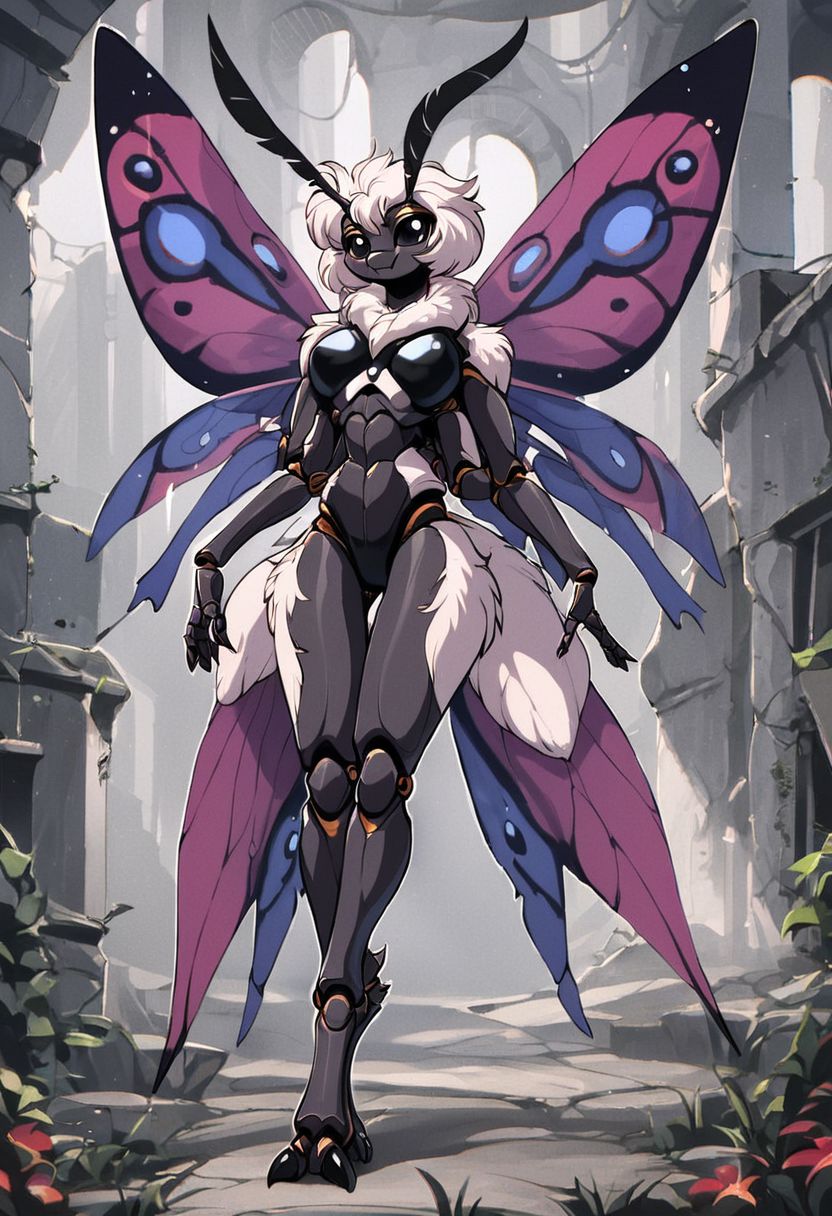 score_9, score_8_up, score_7_up, score_6_up, score_5_up, score_4_up, 
source_anime, rating_explicit, 
solo, female, 
brown and white body, fur, grey fur, fluffy, furred body,
short hair, white hair,
anthro, 
arthropod, insect, arthropod abdomen, black eyes, exoskeleton, joints
moth, lepidopteran, lepidopteran wings,
4 wings, multi wing, wings, 
2 antennae, antennae anatomy,
2 toes, toes, feet, digitigrade,
4 arms, 5 fingers, fingers, multi arm, 
smile, pose,
 ruins,
detailed background, digital art, hi res, detailed, fantasy art,
Vintage, 1990s \(style\), 90s4n1m3, retro artstyle