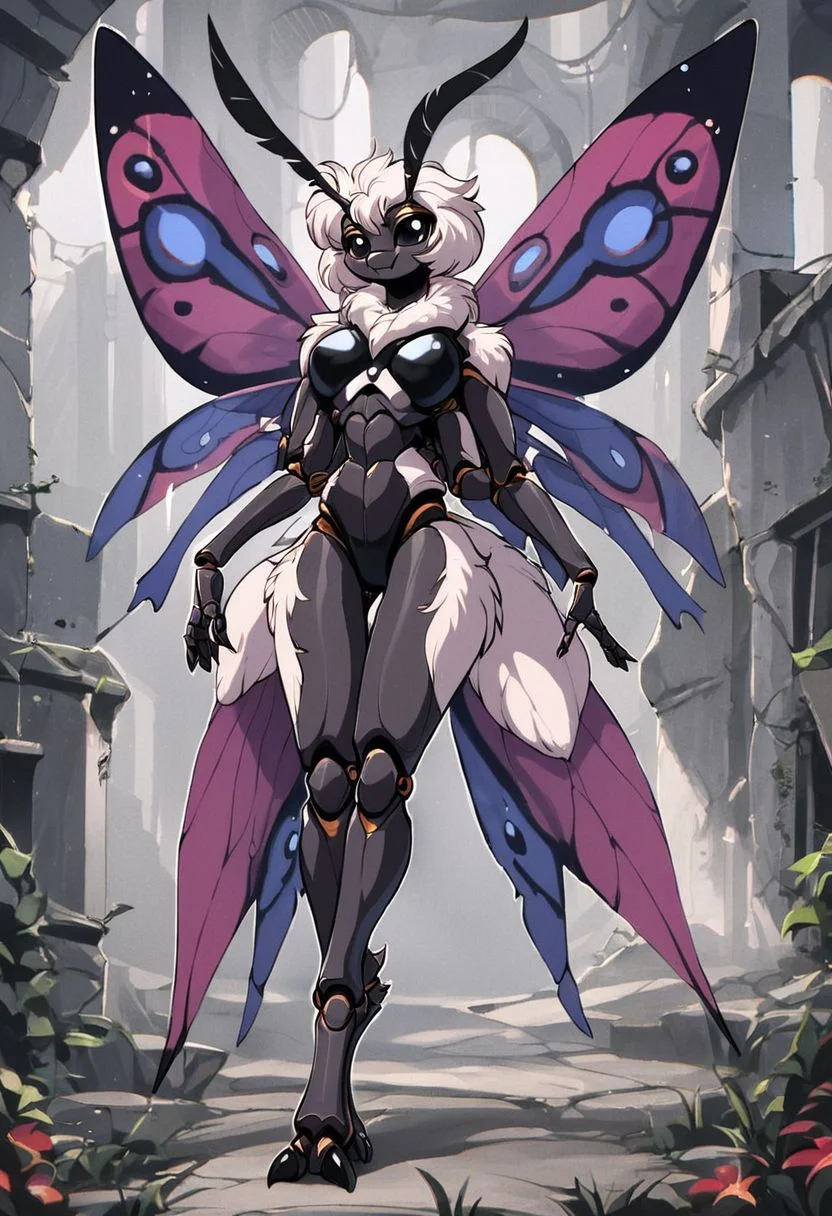 score_9, score_8_up, score_7_up, score_6_up, score_5_up, score_4_up,
source_anime, rating_explicit,
solo, female,
brown and white body, fur, grey fur, fluffy, furred body,
short hair, white hair,
anthro,
arthropod, insect, arthropod abdomen, black eyes, exoskeleton, joints
moth, lepidopteran, lepidopteran wings,
4 wings, multi wing, wings,
2 antennae, antennae anatomy,
2 toes, toes, feet, digitigrade,
4 arms, 5 fingers, fingers, multi arm,
smile, pose,
ruins,
detailed background, digital art, hi res, detailed, fantasy art,
Vintage, 1990s \(style\), 90s4n1m3, retro artstyle