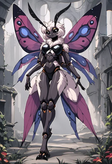 score_9, score_8_up, score_7_up, score_6_up, score_5_up, score_4_up, 
source_anime, rating_explicit, 
solo, female, 
brown and white body, fur, grey fur, fluffy, furred body,
short hair, white hair,
anthro, 
arthropod, insect, arthropod abdomen, black eyes, exoskeleton, joints
moth, lepidopteran, lepidopteran wings,
4 wings, multi wing, wings, 
2 antennae, antennae anatomy,
2 toes, toes, feet, digitigrade,
4 arms, 5 fingers, fingers, multi arm, 
smile, pose,
 ruins,
detailed background, digital art, hi res, detailed, fantasy art,
Vintage, 1990s \(style\), 90s4n1m3, retro artstyle