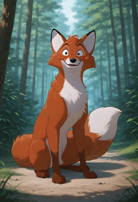 core_9, score_8_up, score_7_up, score_6_up, score_5_up, score_4_up, detailed background, detailed face, 1boy, solo, male, adult fox, tod, cartoon, white color at the end of the tail, furry, red, 2d, disney style, white belly, animation, fox tail, fox, long body
